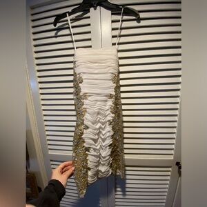 Gold and white strapless cocktail dress